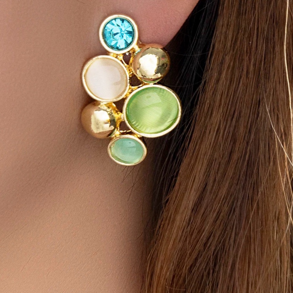 Cluster earrings with sparkling crystals in sage, turquoise, glazed white NWT